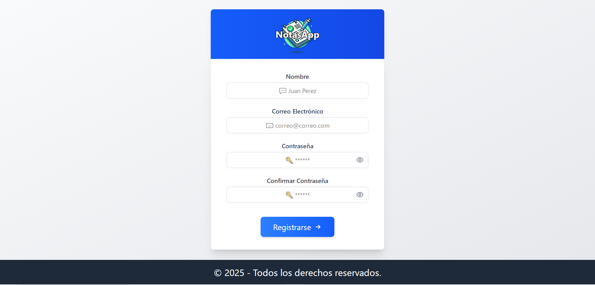 Captura de pantalla del proyecto NotasApp, aplicación web de registro de notas (2025)