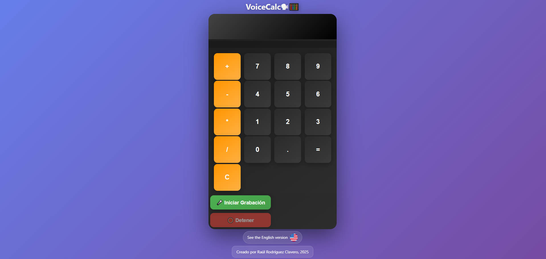 Captura de pantalla del proyecto VoiceCalc, Calculadora con Reconocimiento de Voz (2025)