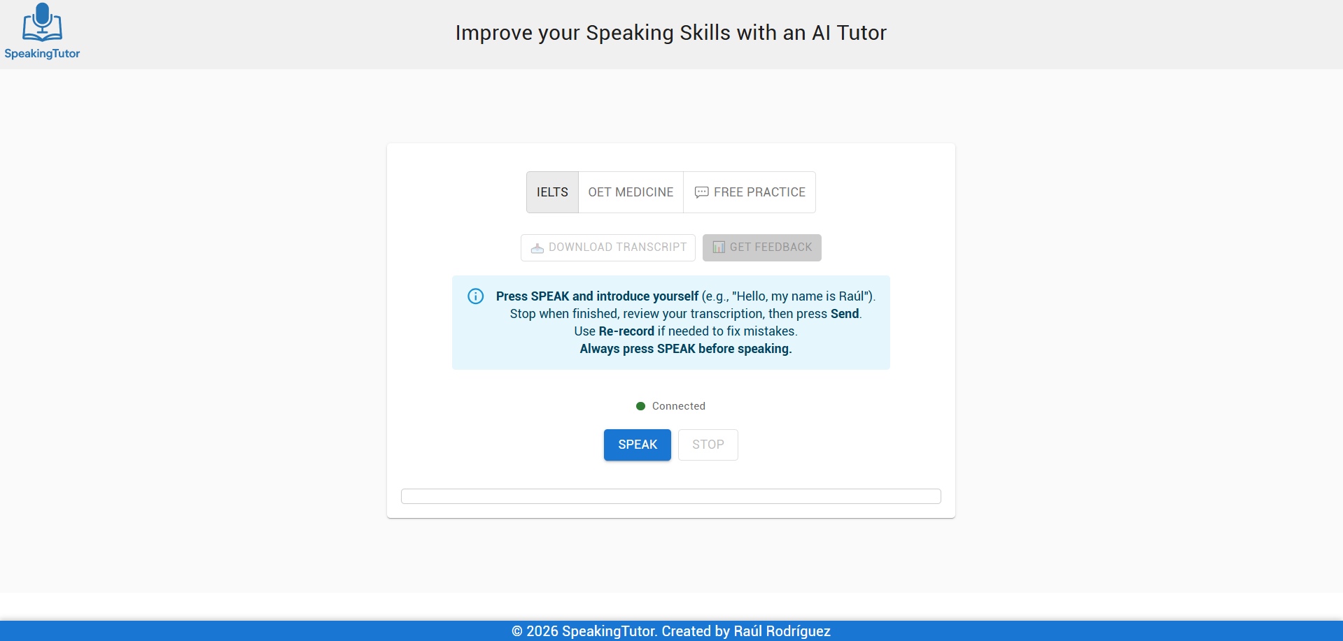 Captura de pantalla del proyecto SpeakingTutor, desarrolla tus habilidades de conversación en inglés con inteligencia artificial (2025)